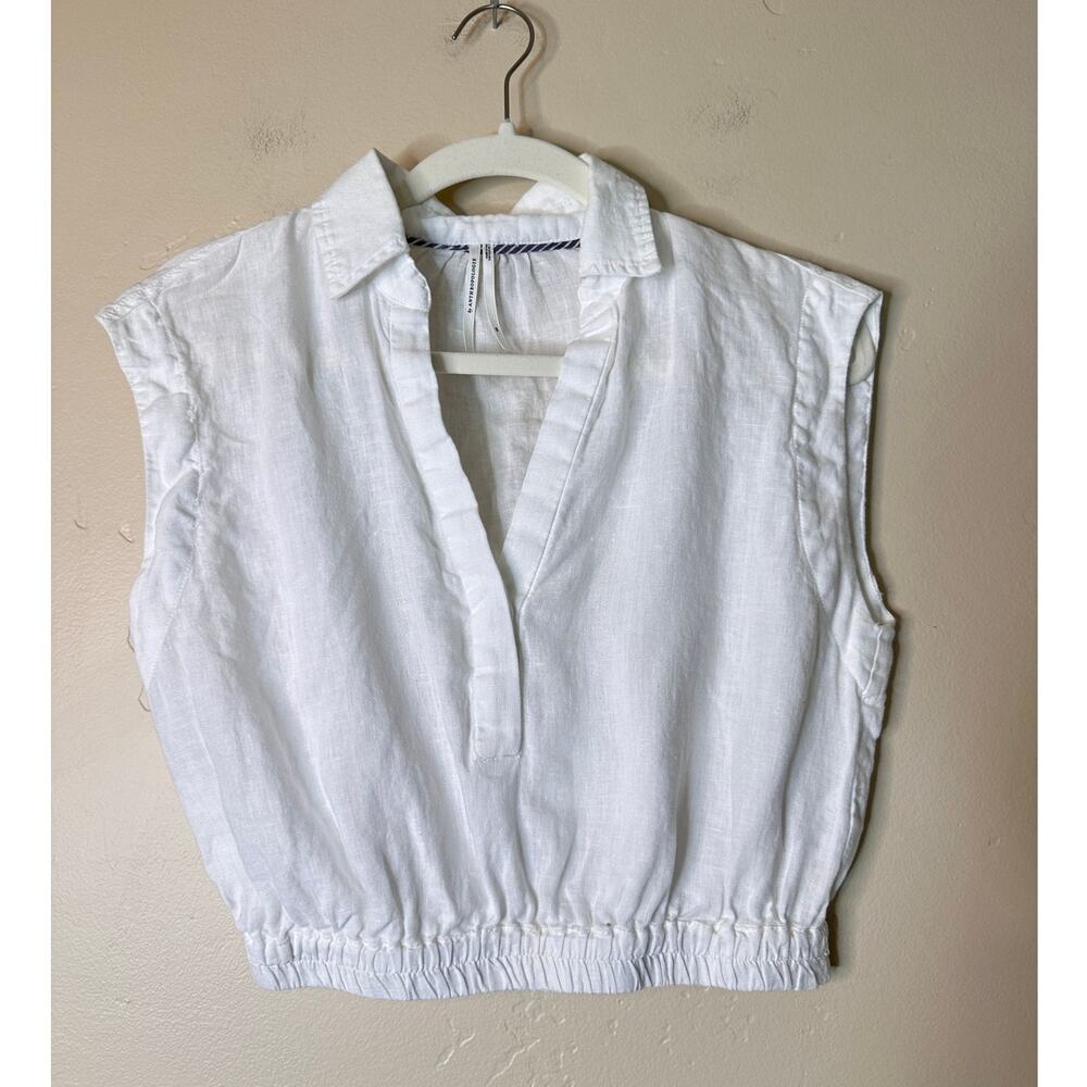Anthropologie White Linen Cropped V-Neck Sleeveless Collar Blouse XS